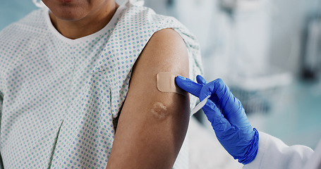 Image showing Doctor, hands and bandage on arm, vaccine and healthcare of patient in hospital. Nurse, plaster and injection of person closeup for medicine, virus immunity or help with treatment of injury in clinic