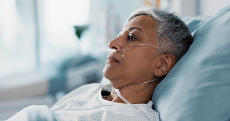 Image showing Sick, iv drip and senior woman in the hospital for consultation, surgery or treatment. Healthcare, recovery and elderly female patient resting in bed after operation or procedure in a medical clinic.