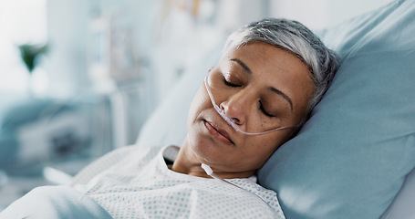 Image showing Medical, iv drip and senior woman in the hospital for consultation, surgery or treatment. Healthcare, recovery and elderly female patient resting in bed after operation or procedure in a clinic.