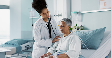 Image showing Hospital, doctor and woman breathing with stethoscope for diagnosis, medical service and checkup. Healthcare, clinic and health worker with mature patient for surgery recovery, wellness and healing