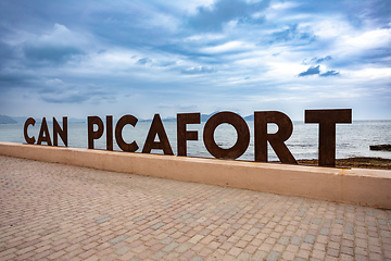 Image showing Signpost on promenade. Can Picafort Beach. Balearic Islands Mallorca Spain.