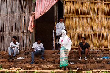 Image showing Pilgrims and worshippers in front of the ancient monastery of Ura Kidane Mihret. Ethiopia