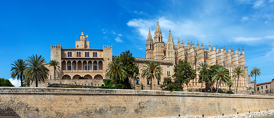 Image showing Gothic medieval cathedral La Seu and Royal Palace of La Almudaina. Palma de Mallorca. Balearic Islands Spain.