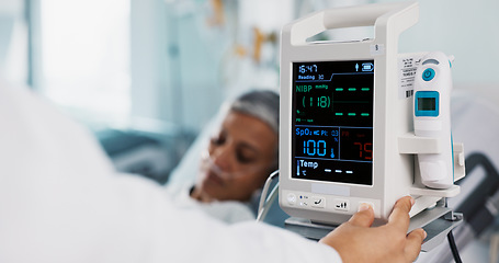 Image showing Patient, doctor and heart monitor, healthcare and help with advice, vital sign with rehabilitation in hospital. People with health numbers, screen and medical emergency, cardiology and EKG machine