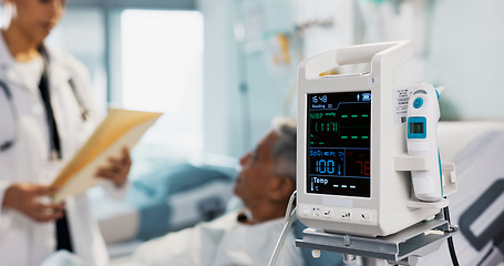 Image showing Patient, doctor and heart monitor, health and help with advice, vital sign or numbers with rehabilitation in hospital. People with healthcare, screen and medical emergency, cardiology and EKG machine