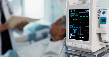 Image showing Patient, doctor and heart monitor, health and help with advice, vital sign or numbers with rehabilitation in hospital. People with healthcare, screen and medical emergency, cardiology and EKG machine