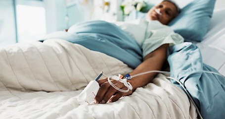 Image showing Healthcare, iv drip and senior woman in the hospital for consultation, surgery or treatment. Medical, recovery and elderly female patient resting in bed after operation or procedure in a clinic.