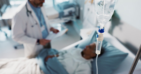 Image showing IV drip, healthcare and medicine with doctor and patient in hospital, treatment and surgery with healing. People at clinic, health with medication or liquid in bag for infusion, service and recovery
