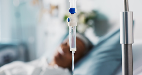 Image showing Iv drip, patient and medicine in hospital for healthcare, nutrition or water in bed with healing. Medical, liquid and person with health support or solution for emergency, wellness or rehabilitation