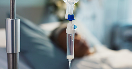 Image showing IV drip, health and medicine with patient in hospital, treatment and surgery with healing pr rehabilitation. Person at clinic, healthcare with medication or liquid for infusion, service and recovery