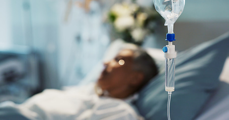 Image showing IV drip, healthcare and medicine with patient in hospital, treatment and surgery, healing or rehabilitation. Person at clinic, health with medication or liquid for infusion, service and recovery