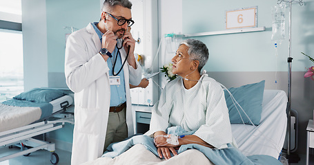 Image showing Healthcare, doctor and patient breathing with stethoscope for diagnosis, medical service and checkup. Hospital, clinic and health worker with mature person for surgery recovery, wellness and healing