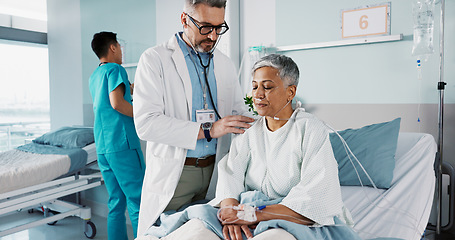 Image showing Healthcare, doctor and patient breathing with stethoscope for diagnosis, medical service and checkup. Hospital, clinic and health worker with mature person for surgery recovery, wellness and healing