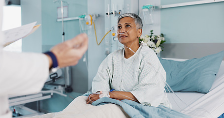 Image showing Hospital, doctor and woman consulting with good news with ventilation tube for oxygen, medical service and care. Healthcare, happy and mature person smile for surgery recovery, wellness and results