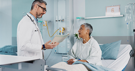 Image showing Hospital, doctor and woman consulting with good news with ventilation tube for oxygen, medical service and care. Healthcare, happy and mature person smile for surgery recovery, wellness and results