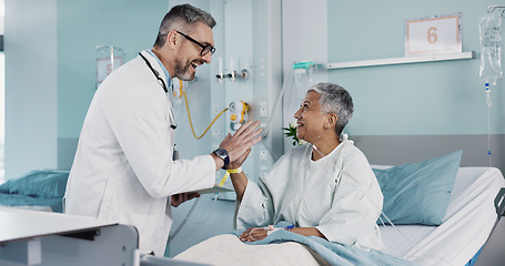 Image showing Hospital, doctor and woman high five for success with ventilation tube for oxygen, medical service and care. Healthcare, happy and mature person celebrate for surgery recovery, wellness and healing