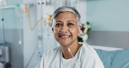 Image showing Hospital, patient and face of woman in bed with ventilation tube for oxygen, medical service and care. Healthcare, happy and portrait of mature person smile for surgery recovery, wellness and healing