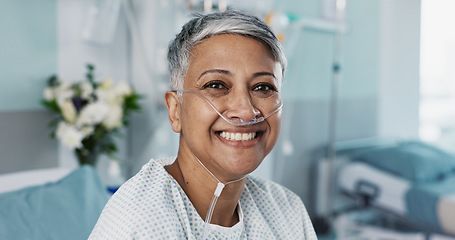 Image showing Hospital, patient and face of woman in bed with ventilation tube for oxygen, medical service and care. Healthcare, happy and portrait of mature person smile for surgery recovery, wellness and healing