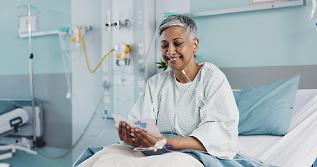 Image showing Woman in hospital with get well soon card with good news with ventilation tube for oxygen, medical service and care. Healthcare, happy and mature person smile for surgery recovery, wellness and resul