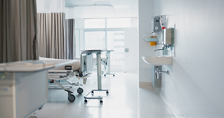 Image showing Hospital, modern and interior of bedroom or empty room for healthcare, consulting or healing. Background, medical and clinic space for emergency, rehabilitation or recovery with furniture or light