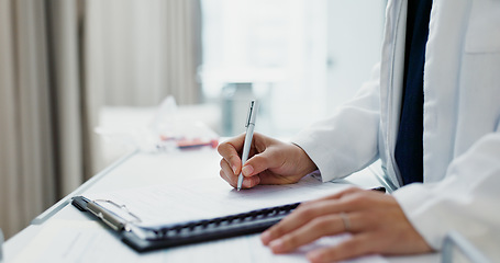 Image showing Doctor, hands and writing on checklist at desk for health, information and paperwork. Table, clipboard and closeup of medical woman on chart for prescription, notes or insurance document in hospital