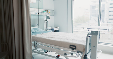 Image showing Hospital, healthcare or interior of bedroom or empty room for wellness, consulting or healing. Background, medical or clinic space for emergency, rehabilitation or recovery with furniture or light