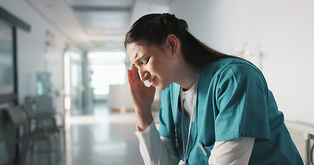 Image showing Stress, sad and loss with a woman nurse in hospital after a fail, mistake or error in healthcare treatment. Depression, anxiety and grief with a young medicine professional in a medical clinic