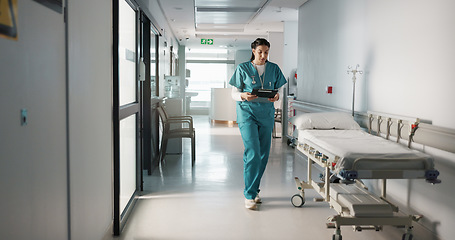 Image showing Fail, crying or doctor with stress in hospital unhappy with healthcare results or medical problem. Depression, mistake or sad woman nurse frustrated by grief, death or loss in clinic with headache