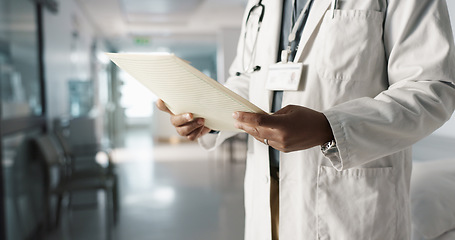 Image showing Hands, medical folder and doctor with results, person in hospital with signature, surgeon and healthcare document. Reading health report, sign off with paperwork and medicine, check info and chart