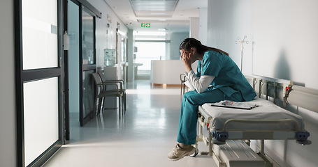 Image showing Fail, crying or doctor with stress in hospital unhappy with healthcare results or medical problem. Depression, mistake or sad woman nurse frustrated by grief, death or loss in clinic with headache