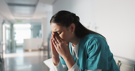 Image showing Stress, sad and loss with a woman nurse in hospital after a fail, mistake or error in healthcare treatment. Depression, anxiety and grief with a young medicine professional in a medical clinic