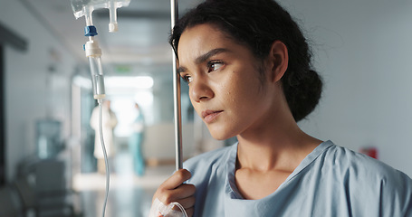 Image showing Woman, patient and iv drip, healthcare at hospital for wellness, burnout and medicare treatment. Female patient, hospital and recovery from virus or cancer, stress and depression while sick in pain