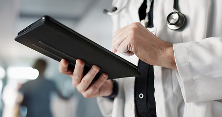 Image showing Doctor, hands and tablet for hospital data, results or medical software of online charts, schedule and information. Healthcare worker or person for research, reading or analysis on digital technology