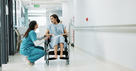 Image showing Doctor, wheelchair patient and talking people consulting over healthcare service, wellness surgery or medical support. Clinic, help and medical expert, nurse or surgeon chat to person with disability