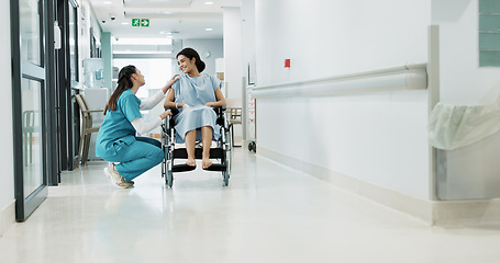 Image showing Doctor, wheelchair patient and talking people consulting over healthcare service, wellness surgery or medical support. Clinic, help and medical expert, nurse or surgeon chat to person with disability