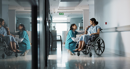 Image showing Happy nurse, wheelchair patient and people talking, consulting and motivation advice, kindness or empathy for medical surgery. Support, client or doctor trust, care and chat to person with disability