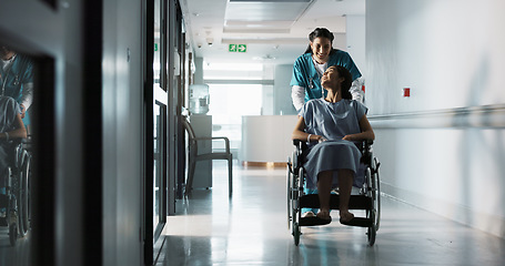 Image showing Happy nurse, wheelchair patient and people talking, consulting and motivation advice, kindness or empathy for medical surgery. Support, client or doctor trust, care and chat to person with disability
