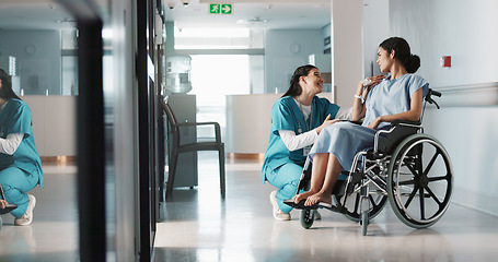 Image showing Happy doctor, wheelchair patient and women talking, consulting and motivation advice for healthcare service surgery. Nurse support, help and wellness surgeon speaking to person with disability