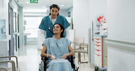Image showing Doctor, wheelchair patient and talking people consulting over healthcare service, wellness surgery or medical support. Clinic, help and medical expert, nurse or surgeon chat to person with disability