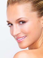 Image showing Beauty, woman and happy portrait with white background, cosmetics and makeup in studio. Confidence, skincare and female model with skin glow and wellness from facial treatment and clean dermatology