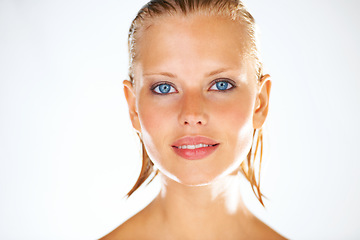 Image showing Shower, beauty and portrait of woman on a white background for wellness, grooming and cosmetics. Dermatology, luxury spa and face of person with wet hair for skincare, washing and cleaning in studio