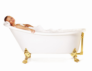 Image showing Portrait, bath tub and studio woman cleaning, grooming or washing for relax body care, hygiene or spa skincare treatment. Bathroom bubbles, soap foam and salon person wellness on white background