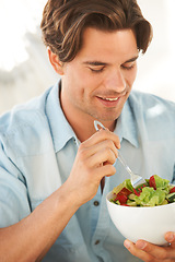 Image showing Man, salad and healthy food, diet and lunch with wellness, eating meal with smile and nutrition. Health, dinner and bowl in hands with lettuce and vegetables to lose weight, hungry and self care