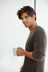 Image showing Man, portrait and smile, coffee and relax at home with caffeine break, breakfast and morning routine. Drink, latte and happy, calm with wellness and young model with hot beverage at apartment