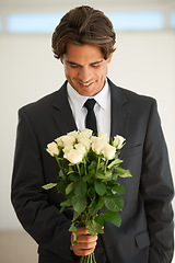 Image showing Love, flowers and happy man with bouquet, gift or surprise for date, anniversary or romance. Roses, smile and male person with congratulations present, valentines day proposal or engagement gesture