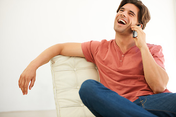 Image showing Man, funny conversation and phone call, relax at home with laughter, happiness and communication. Network, connectivity and mobile chat with comedy, technology and talking, crazy story and humor