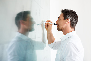 Image showing Man, writing on glass board and brainstorming, business ideas at creative startup with agenda and planning. Productivity, schedule or timeline for SEO project, marketing strategy and moodboard