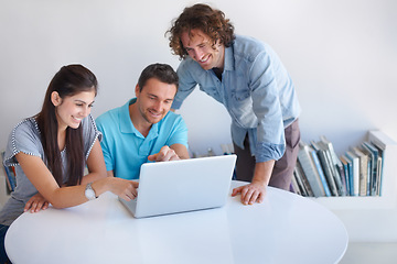 Image showing Laptop, smile and professional people reading web insight, startup report or happy for customer experience feedback. Social media, project success and team cooperation, research or monitor sales news