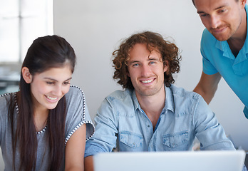 Image showing Laptop, professional portrait and happy people reading web insight, startup report or agency sales data. Social network, media project or team cooperation, research or group smile for creative design