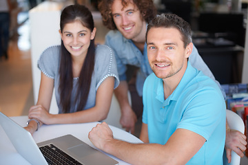Image showing Office laptop, teamwork portrait and happy people confident for online business development, startup career or company work. Group collaboration, entrepreneurship and team cooperation creative design